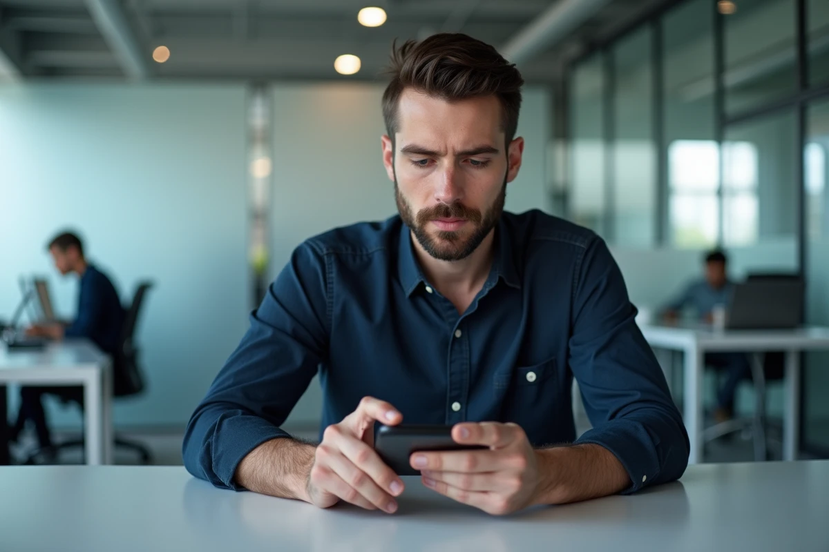 Homme utilisant WhatsApp sur son téléphone dans un bureau moderne