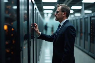 Ingénieur homme en costume examinant un serveur quantique dans un laboratoire