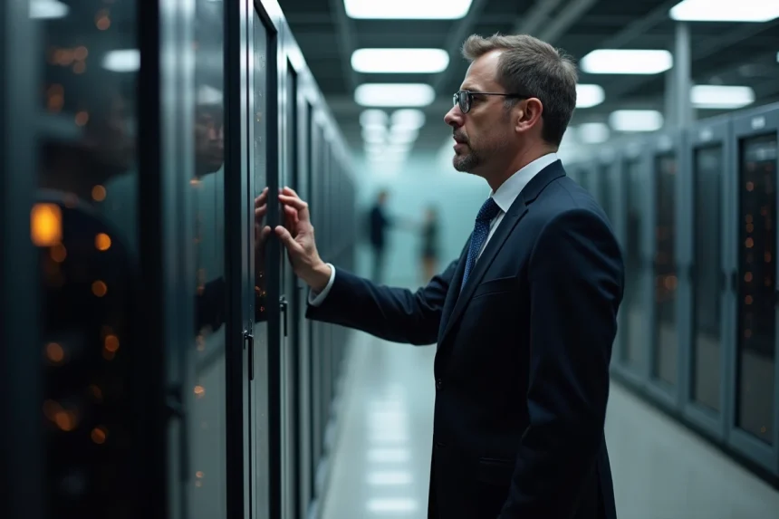 Ingénieur homme en costume examinant un serveur quantique dans un laboratoire