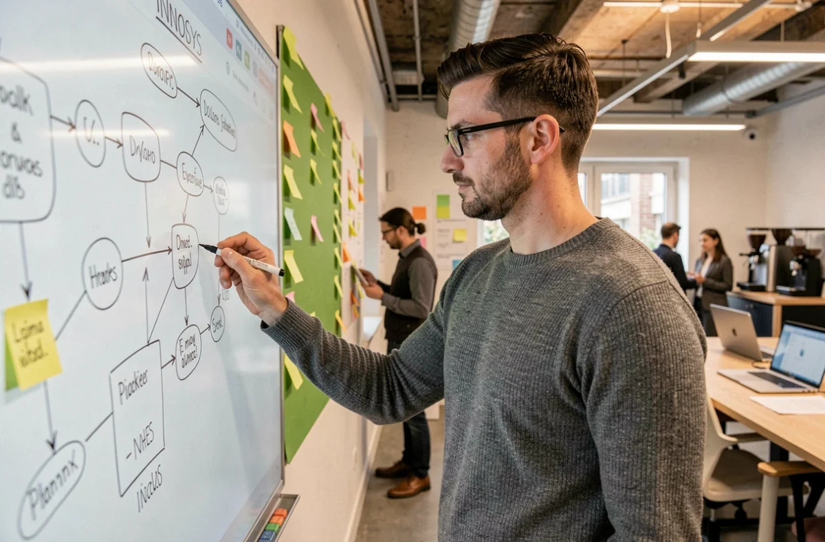 Architecte logiciel INNOSYS esquissant un schéma d'architecture système sur un tableau numérique dans un lab parisien