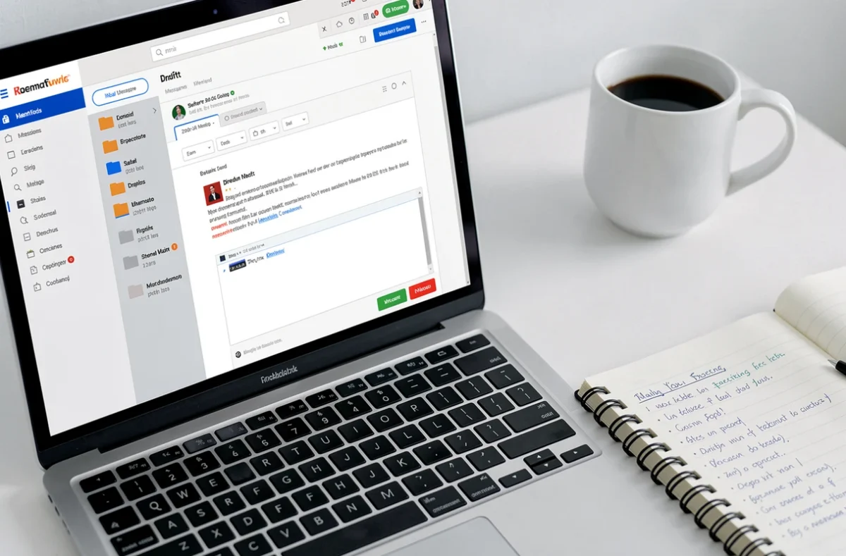 Écran d'ordinateur portable affichant une interface de messagerie professionnelle bien organisée avec dossiers et courriels