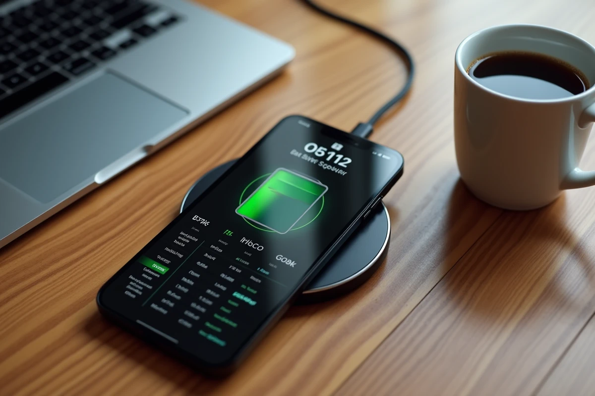 iPhone 14 Pro posé sur un bureau en bois avec câble de recharge et statistiques de batterie visibles à l'écran