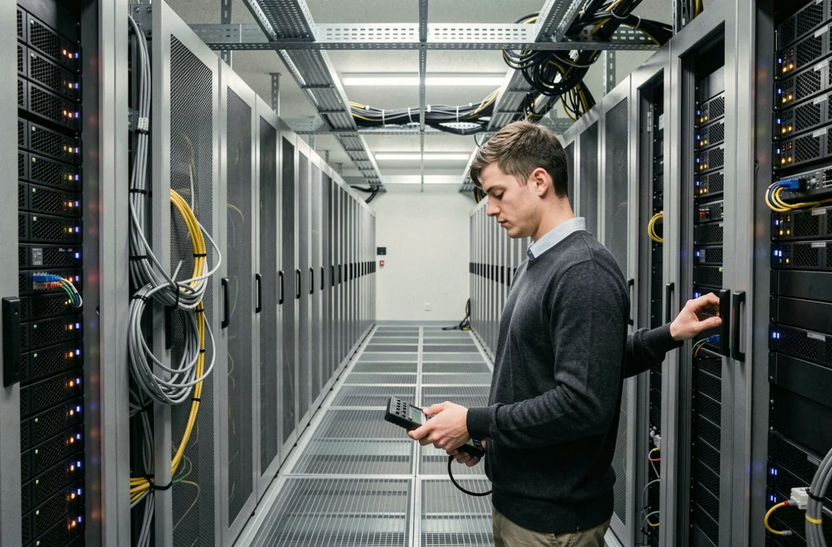 Professionnel IT Workers configurant un réseau dans une salle serveur à Lannion