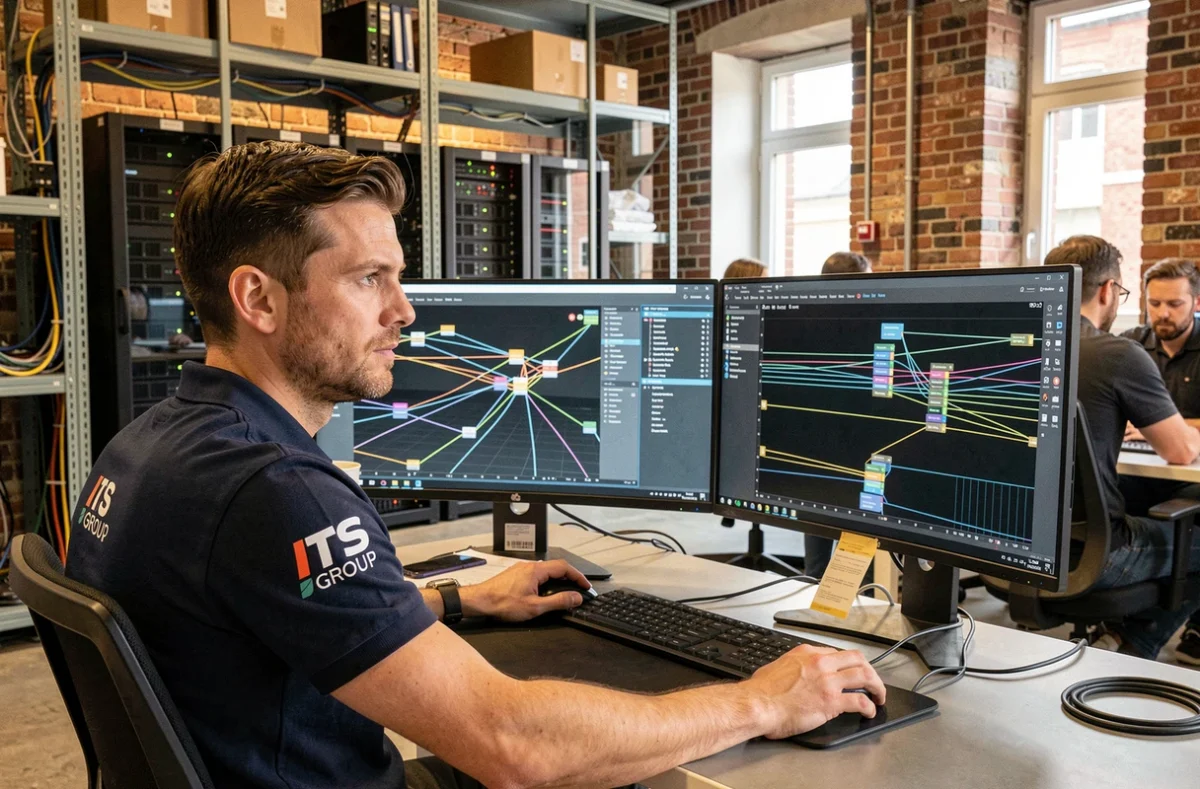 Ingénieur informatique ITS Group travaillant sur un poste de surveillance réseau dans un bureau parisien moderne