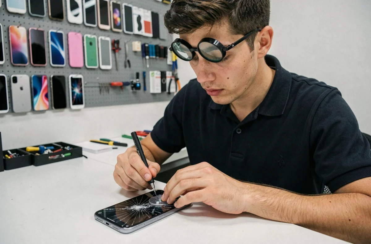 Technicien de JC Mobile Var remplaçant l'écran fissuré d'un smartphone dans sa boutique à La Crau
