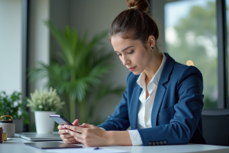 Jeune femme d'affaires en blazer bleu dans un bureau moderne