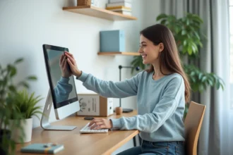 Jeune femme ajustant un moniteur dans un bureau moderne