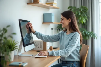Jeune femme ajustant un moniteur dans un bureau moderne