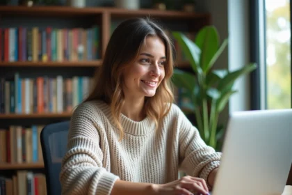 Jeune femme travaillant sur un ordinateur dans un bureau cosy