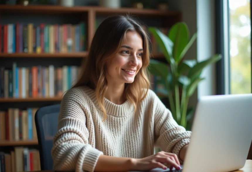 Jeune femme travaillant sur un ordinateur dans un bureau cosy