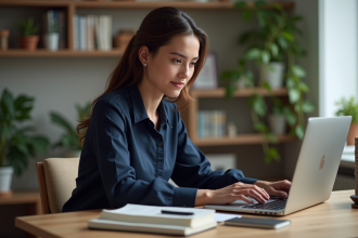 Jeune femme professionnelle travaillant sur son ordinateur dans un bureau cosy