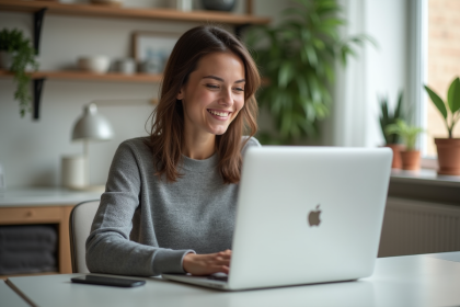 Jeune femme souriante utilisant un Mac dans un bureau moderne