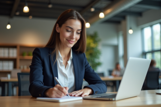 Femme professionnelle concentrée au bureau avec ordinateur et notes
