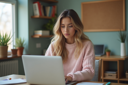 Jeune femme concentrée en coding dans un bureau lumineux