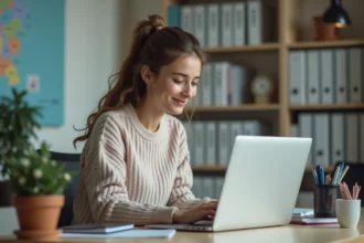 Jeune femme concentrée sur son ordinateur dans un bureau universitaire