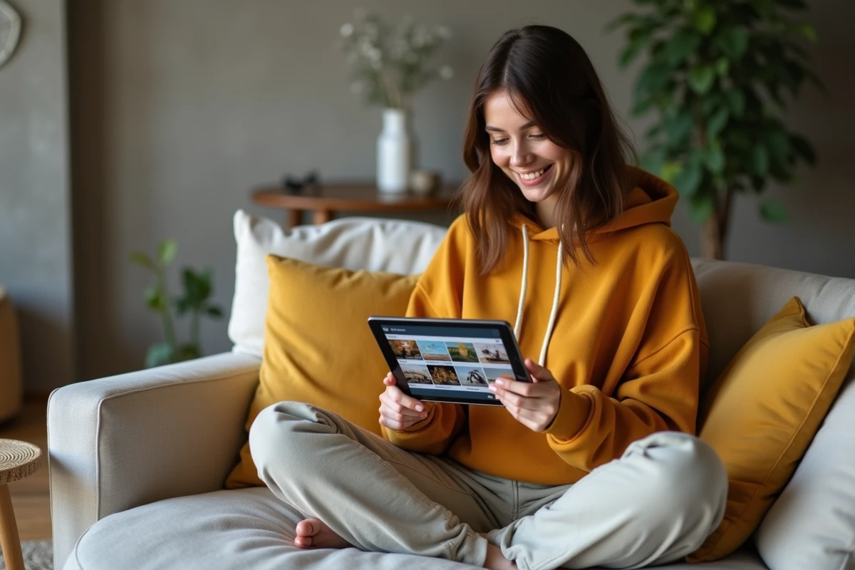 Jeune femme explorant les albums et réglages Google Photos sur une tablette depuis son canapé