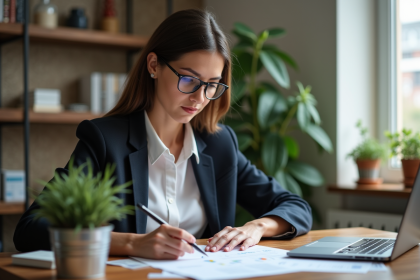 Jeune femme concentrée travaillant à son bureau à domicile