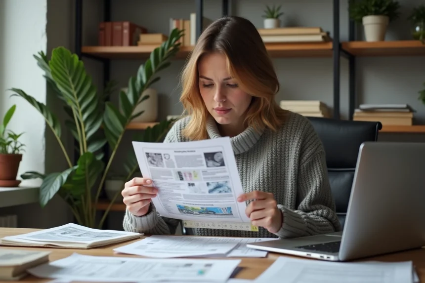 Jeune femme regardant une impression floue et pixelisee