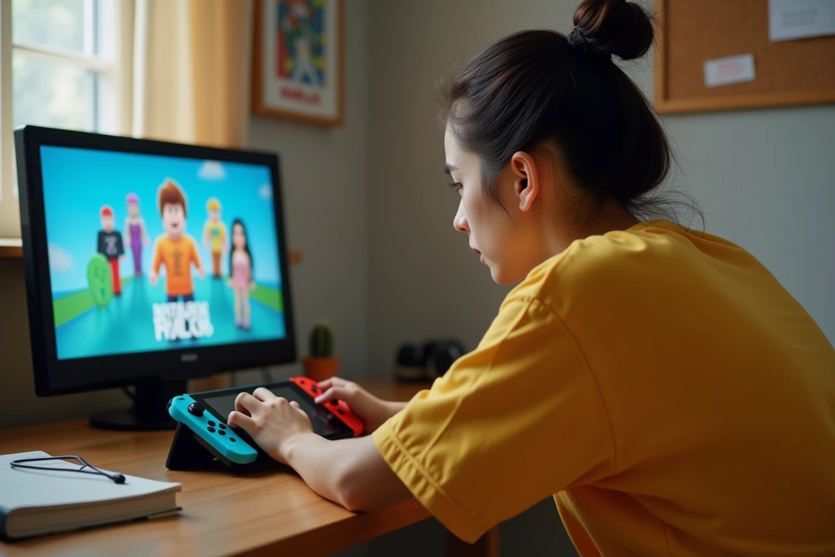 Jeune femme découvrant Roblox sur Nintendo Switch branché en mode TV avec manette Joy-Con dans une chambre moderne