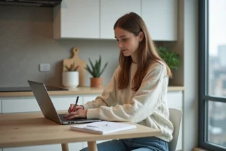 Jeune femme travaillant sur un ordinateur dans une cuisine moderne