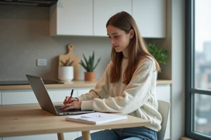 Jeune femme travaillant sur un ordinateur dans une cuisine moderne