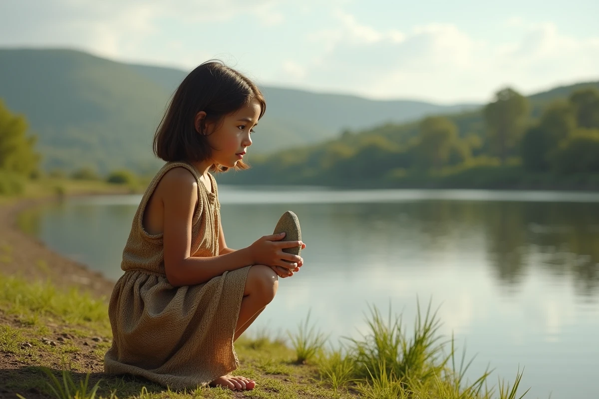 Jeune fille curieuse tient un outil en pierre dans un paysage naturel