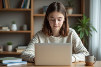 Jeune fille concentrée inscrivant Touraine ESchool sur un laptop