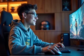 Jeune homme gamer avec hoodie et lunettes joue sur son setup