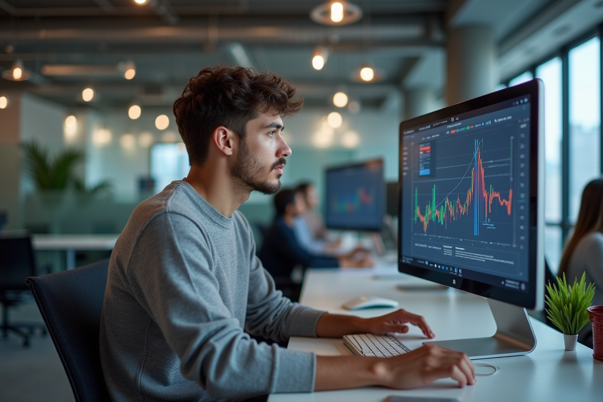 Jeune homme analysant des graphiques sur un grand écran dans un espace de coworking