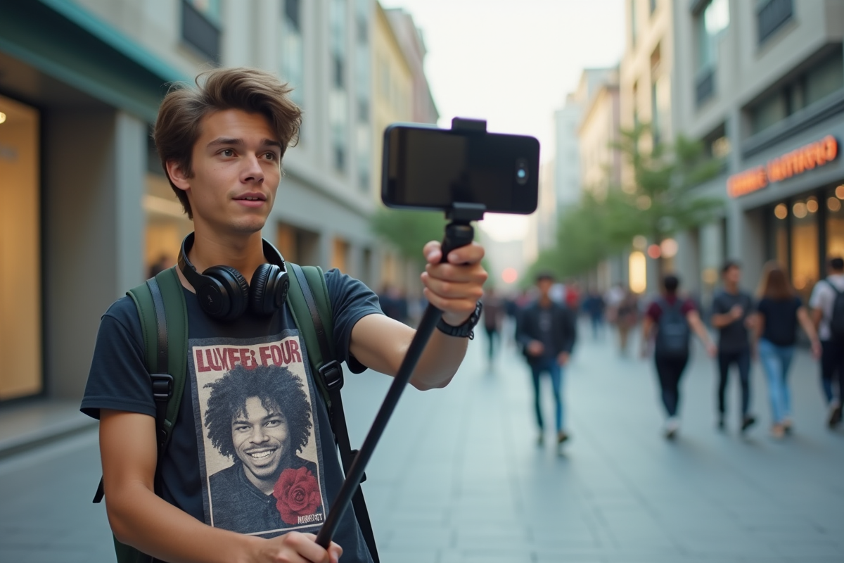 Jeune homme en ville prenant un selfie avec smartphone