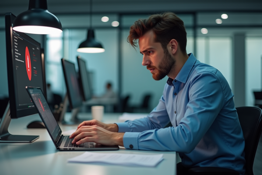 Jeune homme d'affaires regardant un ordinateur avec alerte rouge