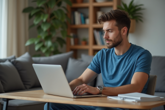 Jeune homme au bureau à domicile vérifiant son ordinateur portable