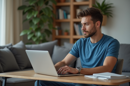 Jeune homme au bureau à domicile vérifiant son ordinateur portable