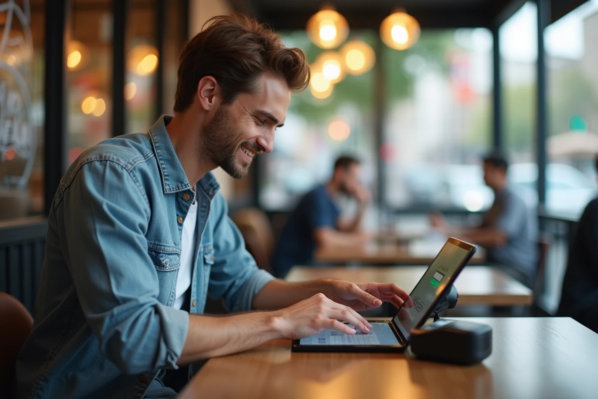 Jeune homme effectuant une transaction en ligne au café