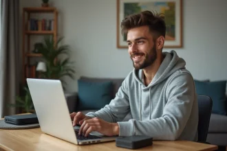 Jeune homme configure sa box internet dans un salon lumineux