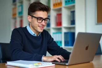 Jeune homme en sweater regardant son ordinateur portable