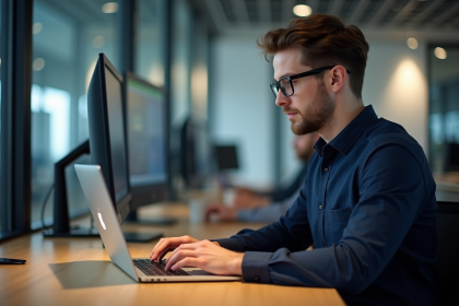 Jeune homme professionnel en informatique travaillant sur son ordinateur