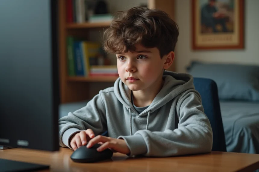 Jeune garçon concentré sur la souris d'ordinateur dans sa chambre