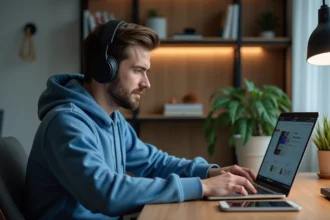 Jeune homme avec casque et hoodie bleu travaillant sur son ordinateur