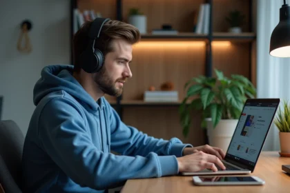Jeune homme avec casque et hoodie bleu travaillant sur son ordinateur
