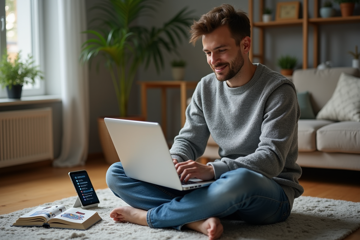 Jeune homme utilisant un ordinateur portable à la maison