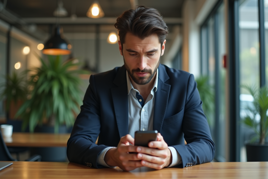 Jeune homme professionnel utilisant un smartphone sur son bureau