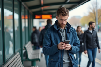 Jeune homme frustré regarde son smartphone en extérieur