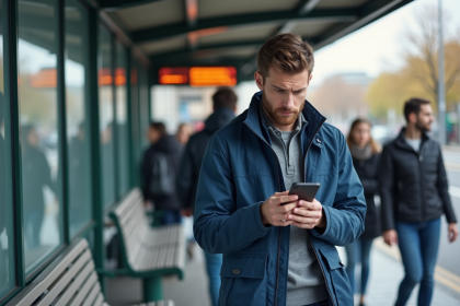 Jeune homme frustré regarde son smartphone en extérieur