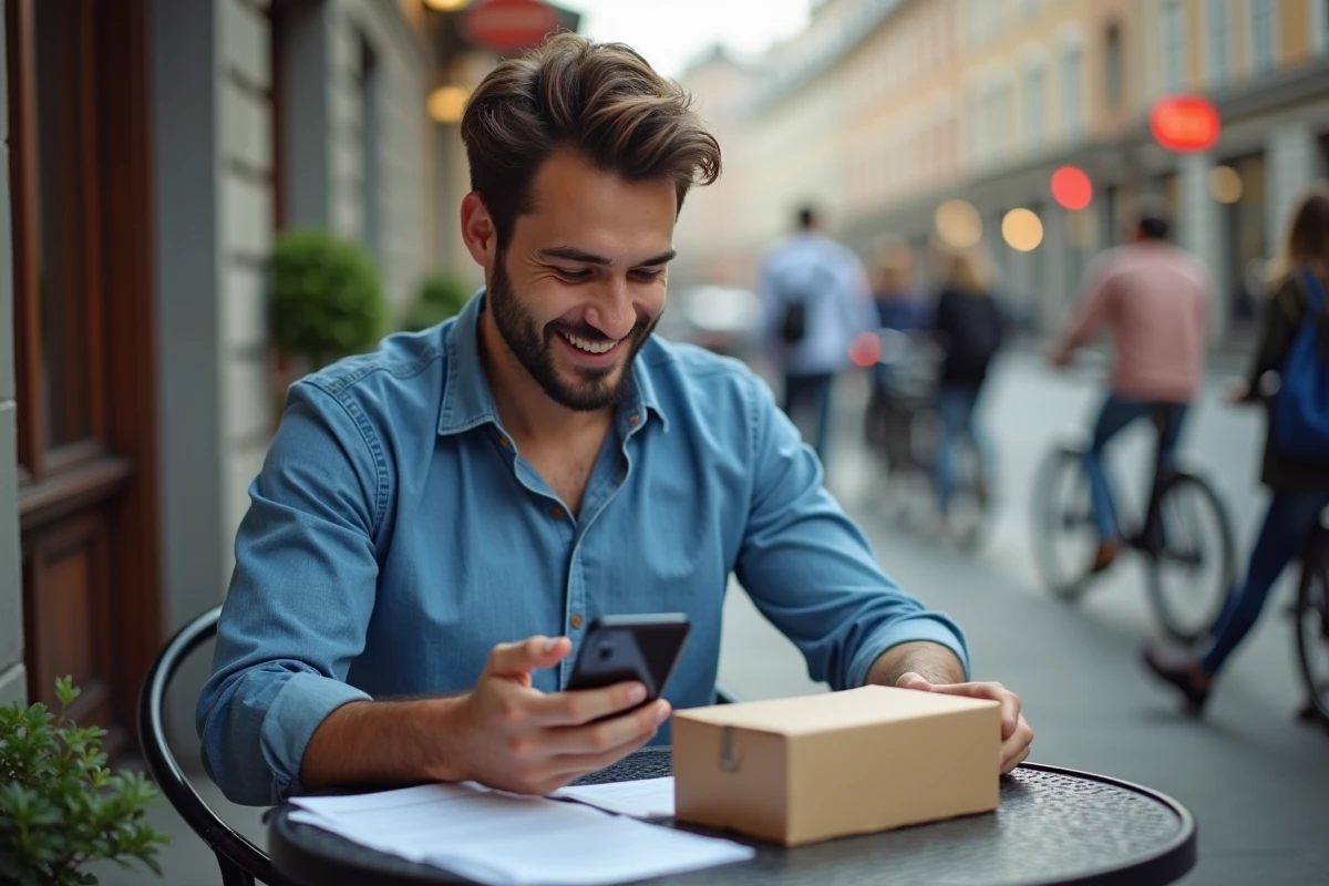 Jeune homme déballant un smartphone d