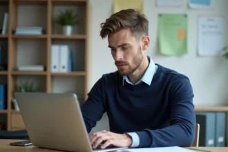 Jeune professeur au bureau avec ordinateur portable