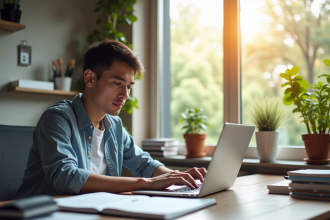 Jeune professionnel travaillant sur un ordinateur dans un bureau lumineux