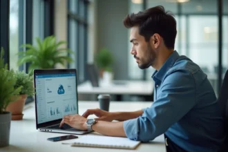 Jeune homme professionnel travaillant sur un ordinateur dans un bureau moderne
