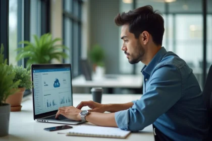 Jeune homme professionnel travaillant sur un ordinateur dans un bureau moderne