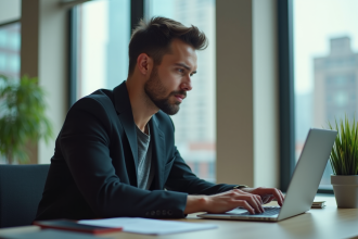 Jeune homme professionnel travaillant sur son ordinateur en bureau urbain